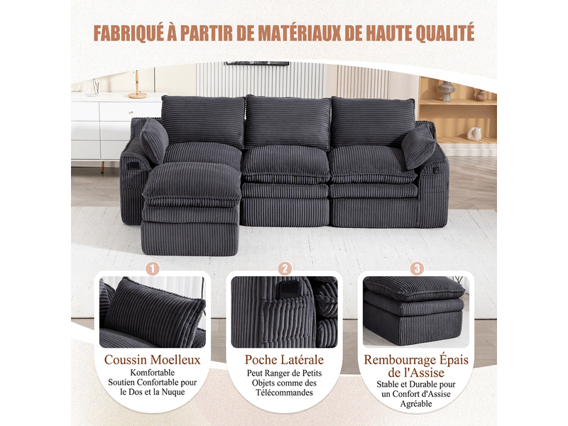 Canapé 3 places velours côtelé gris foncé avec pouf - modulable 263 cm - mousse 3 couches et ressorts - Conforama E