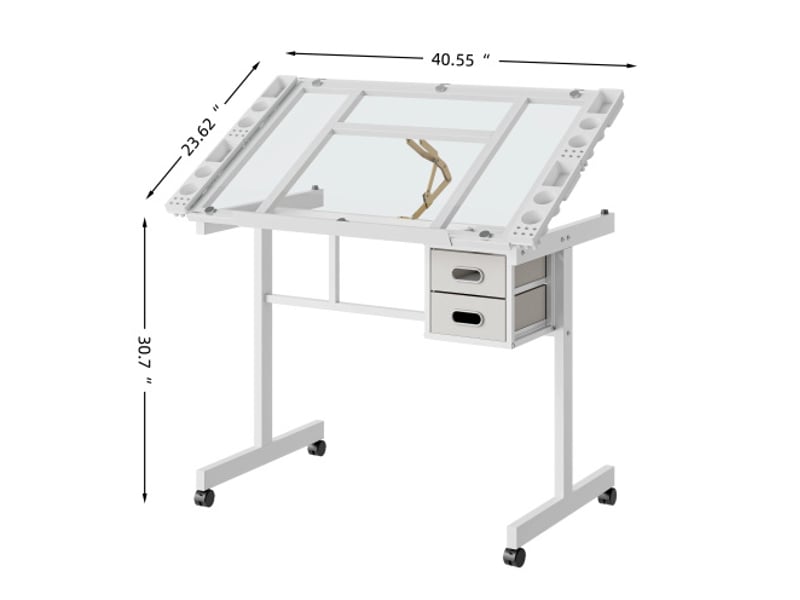 Table de dessin réglable en verre avec 2 tiroirs en tissu et 4 roulettes blanches - Conforama D