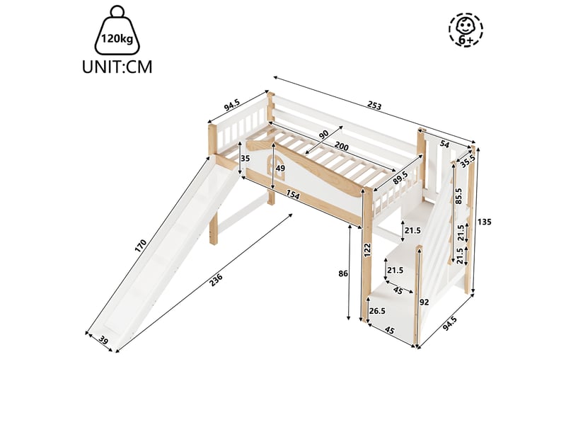  Lit superposé 90x200 cm avec led, garde-corps échelle et rangements, lit enfant avec sommier à lattes en mdf et pin blanc  - Conforama E