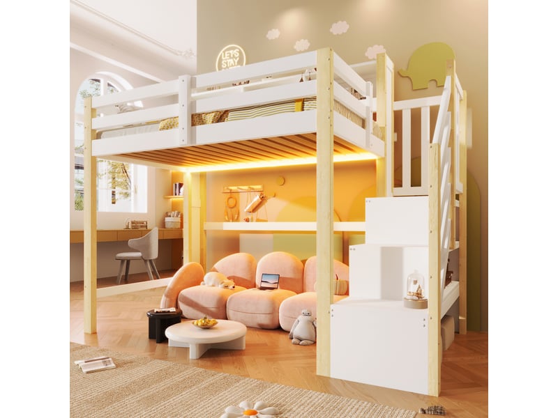  Lit superposé 90x200 cm, lit enfant, rangement, échelle sécurisée, led, bois de pin blanc et naturel  - Conforama C
