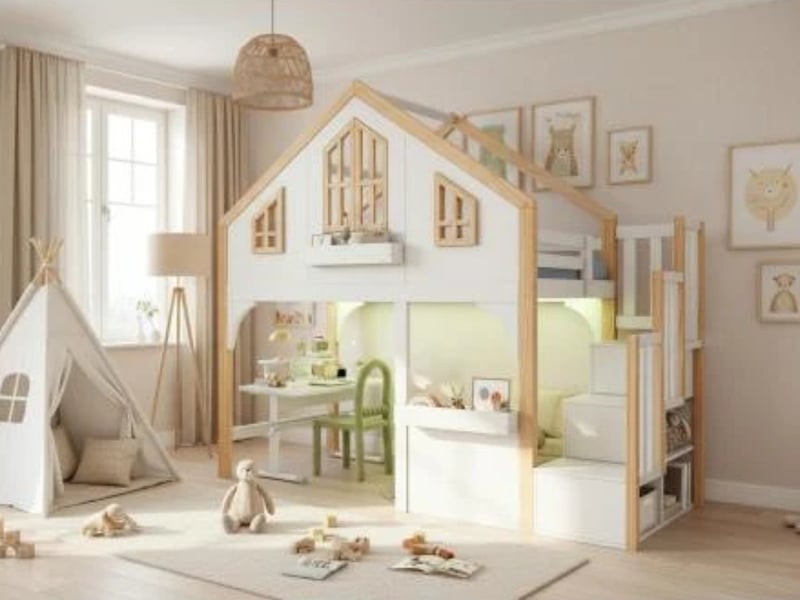  Lit superposé enfant 90×200cm, forme maison, led + escalier rangement, blancnaturel  - Conforama B