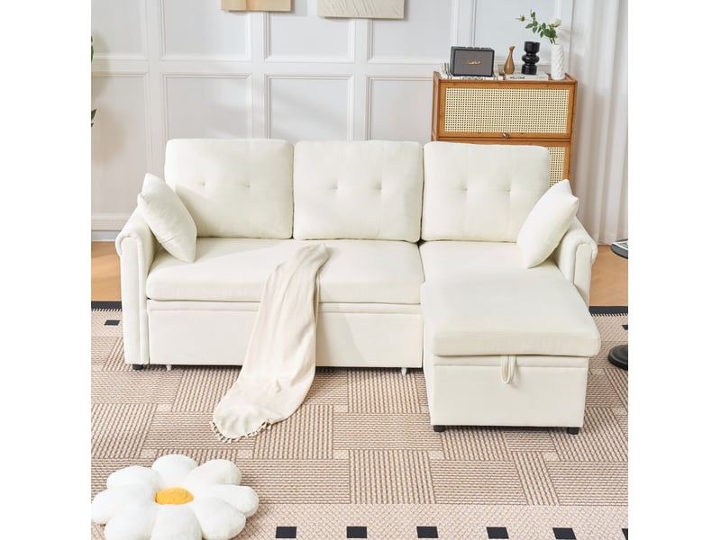  Canapé d'angle convertible 3 places avec coffre, méridienne réversible et poche latérale en chenille beige  - Conforama E