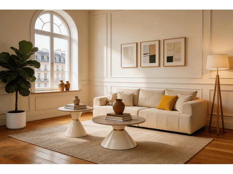  Table basse lot de 2 pièces tables gigognes plateau en mélamine effet travertin structure en métal blanc crème accents dorés gain de place  - Conforama C