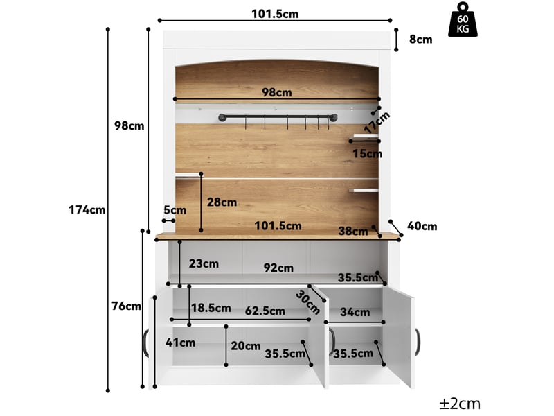  Buffet de cuisine haut avec 3 portes, étagères réglables, led et plan de travail pour cuisine en mdf blanc  - Conforama C