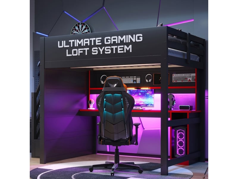  Lit mezzanine gaming 140x200 avec bureau intégré, escalier de rangement et led, noirrouge  - Conforama B