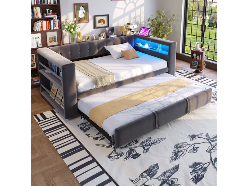 Lit gigogne 90-180x190 cm, lit 2 en 1, led, charge, tête de lit, sommier, flanelle et mdf, gris foncé, sans matelas - Conforama B