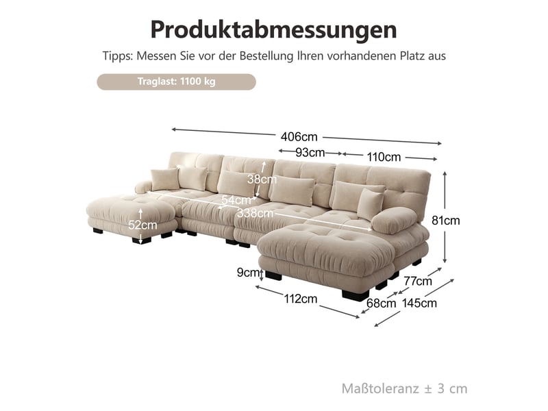 Canapé d’angle panoramique 4 places en tissu marron clair, 406 cm, modulable W3325S00049 - Conforama E