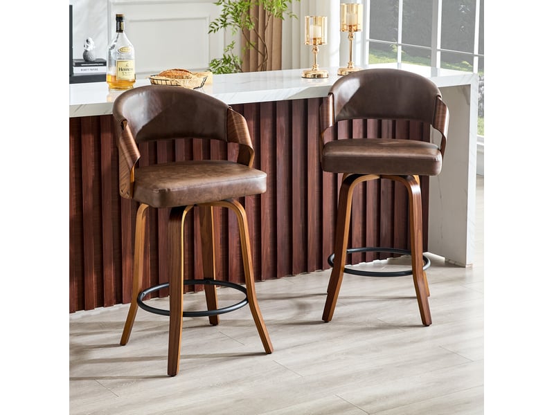  Tabouret de bar 2 pièces avec dossier et repose-pieds, style rétro pour cuisine, en bois et pu, marron  - Conforama C