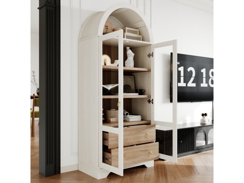  Buffet haut blanc avec étagères réglables et tiroirs, portes en verre – grand rangement pour salon et cuisine  - Conforama D