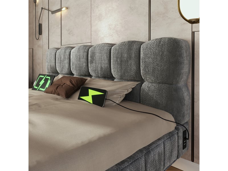 Lit rembourré 140x190cm, design bubble nuage suspendu, coffre hydraulique, led, charge usbtype-c, chenille gris - Conforama E