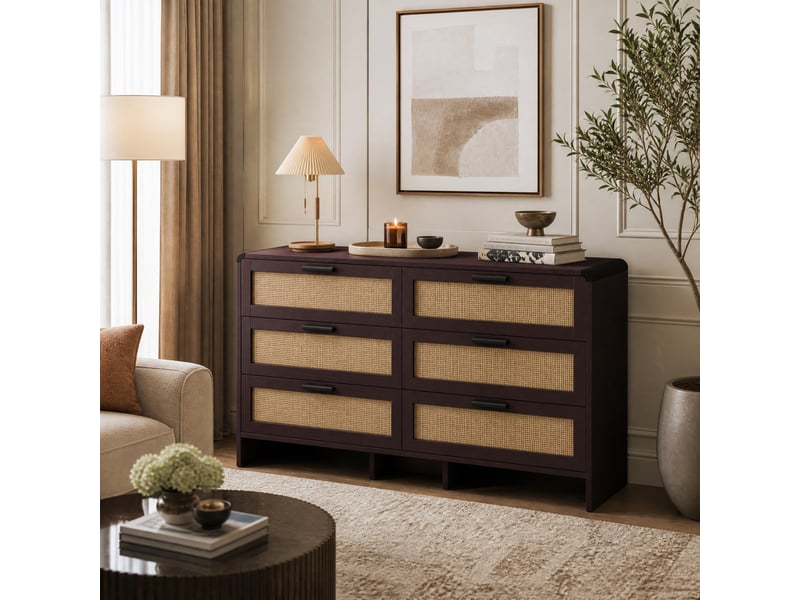  Meuble de rangement 6 tiroirs en cannage naturel marron rougeâtre 130 x 40 x 74 cm  - Conforama D