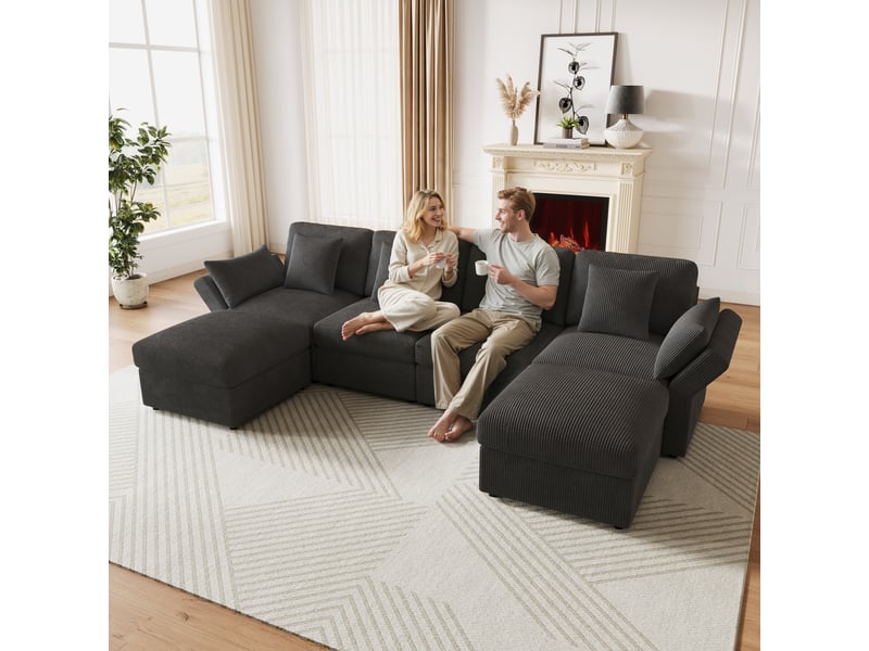 Canapé d’angle en u modulable 6 places 290 x 159,5 x 89 cm avec accoudoirs réglables, 2 poufs amovibles, velours côtelé - gris - Conforama B