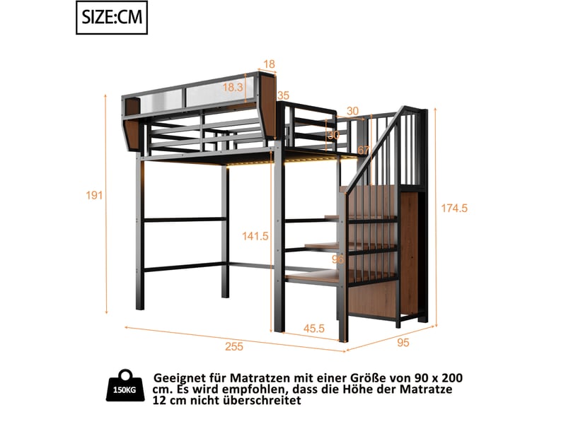  Lit mezzanine modenvie 90 x 200 cm avec bande led escalier de sécurité rangement modulable métal et mdf noir  - Conforama C
