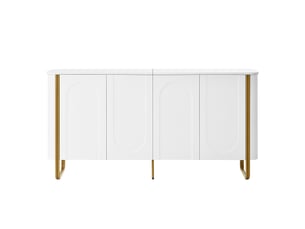 Buffet, mdf, pieds en métal, 4 portes, reliefs arqués, angles arrondis, rangements modulables, blanc, pour salon
