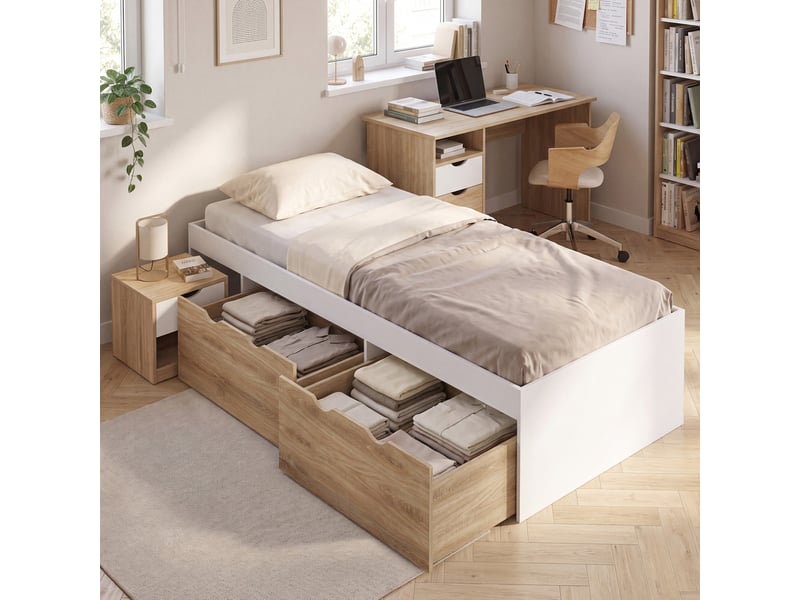  Lit simple edouard avec chevet et 2 tiroirs à roulettes et sommier 90 x 190 cm blanc et hêtre  - Conforama E