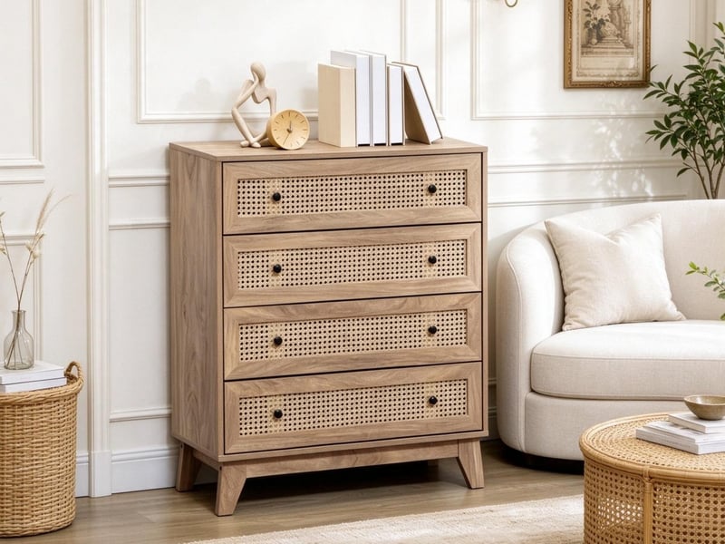  Commode à 4 tiroirs, 80 x 35 x 95 cm, façades en cannage de rotin et pieds surélevés, naturel, effet bois clair  - Conforama B