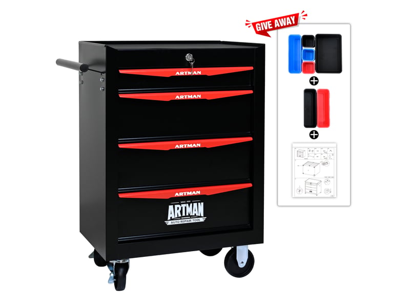  Armoire à outils mobile 60 x 33 x 77,5 cm noir et rouge en acier, 4 tiroirs à glissières à billes avec serrure  - Conforama D