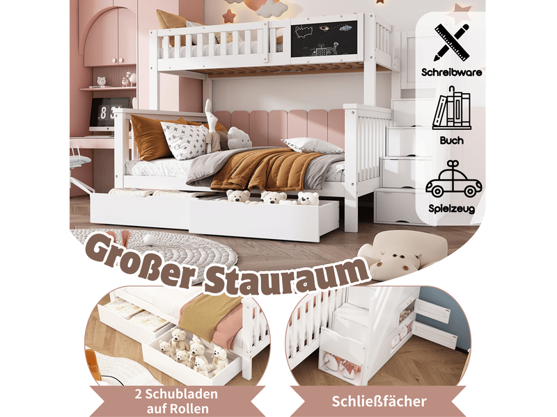  Lit superposé enfant 90x200 et 140x200 cm - tableau noir - escalier avec rangements - 2 tiroirs - pin massif et mdf - blanc  - Conforama D