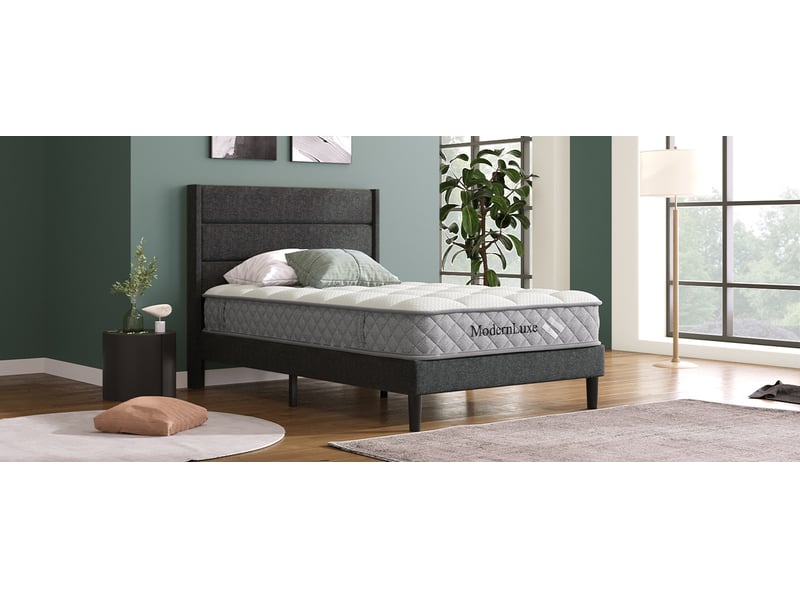 Lit enfant simple 90x200 cm en lin gris foncé avec tête de lit, sommier et matelas  - Conforama W