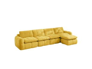 Canapé d'angle modulaire réversible 4 places avec ottomane, assise large et profonde, sans cadre, en chenille jaune