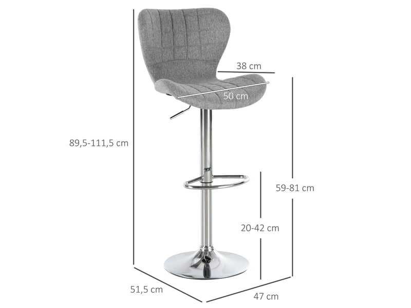  Lot de 2 tabourets de bar design contemporain hauteur d'assise réglable 59-81 cm pivotant 360° lin gris  - Conforama E