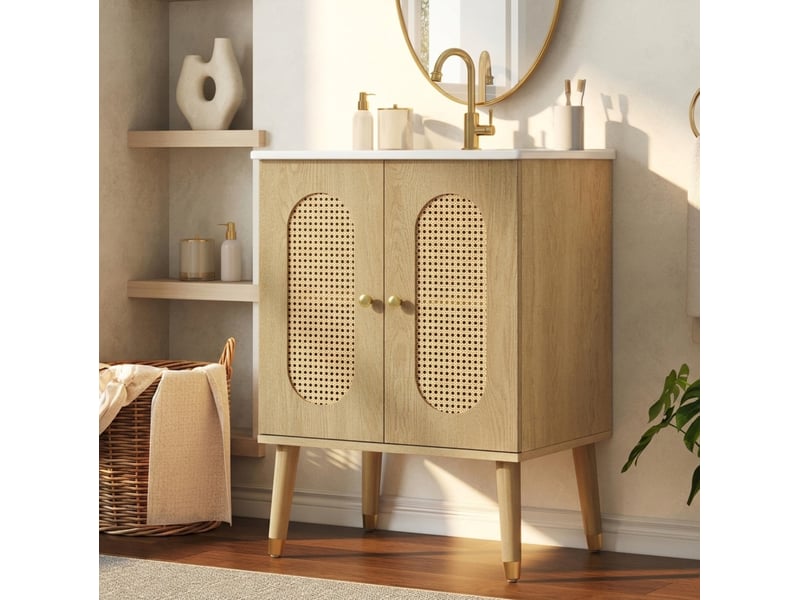 Meuble sous vasque 61x47x89 cm avec vasque en céramique, finition bois naturel - Conforama B