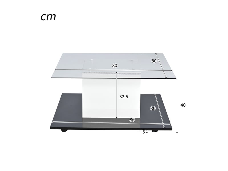  Table basse salon 80x80x40 cm avec roulettes pivotantes, table de salon en verre brillant, blanc+noir  - Conforama C