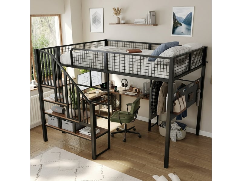  Lit mezzanine avec bureau, 140×200cm, avec escalier et étagères ouvertes, lit structure en métal, noir  - Conforama E