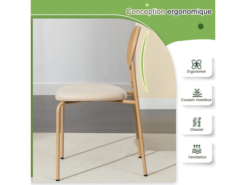 Lot de 2 chaises de salle à manger en rotin – design scandinave et japonais, assise rembourrée beige, structure bois naturel - Conforama D