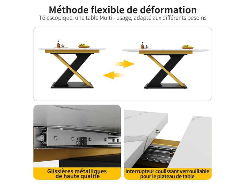 Table à manger extensible noir, rangement, fermeture douce, effet marbre, confort, solide, robuste - mdf et métal - 160x80x75.4cm  - Conforama B