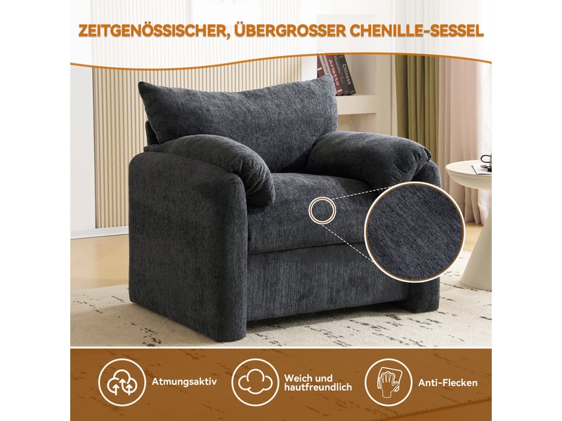  Fauteuil en chenille avec assise large et accoudoirs rembourrés, structure bois et métal, gris, 96 × 82 × 84 cm  - Conforama E