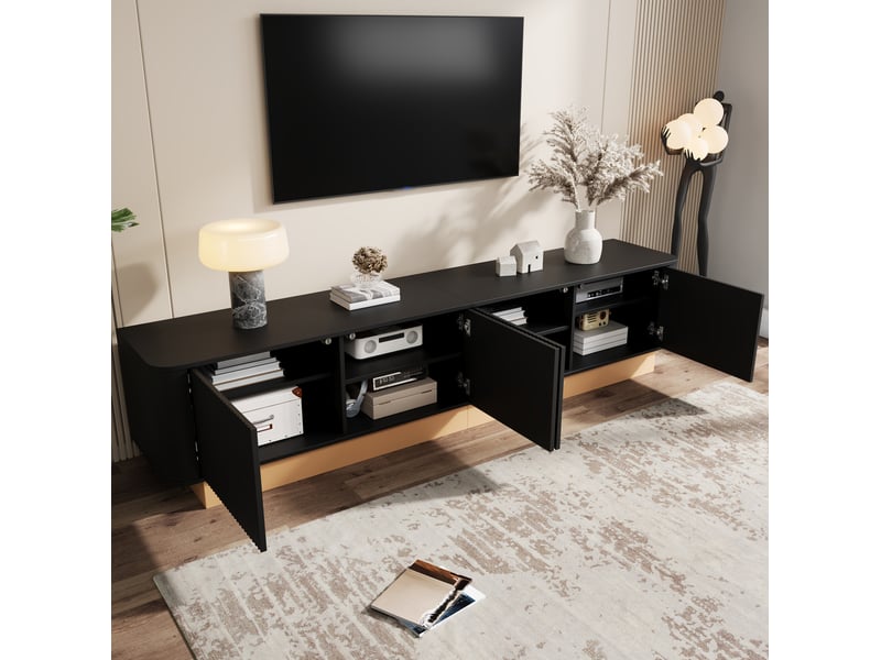  Meuble tv ulevr 200 cm 4 portes, étagères réglables, mdf noir et socle doré  - Conforama B