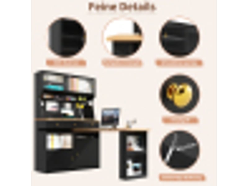 Meuble haut avec bureau, coloris noir, 137 × 74 × 177,7 cm, mdf, métal et verre, bureau et tablette bar intégrés - Conforama E