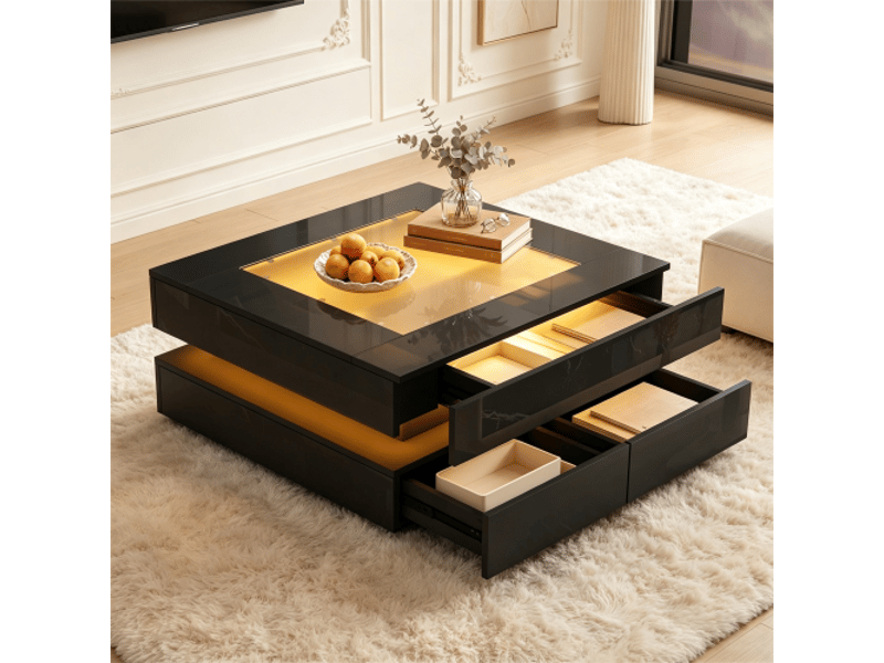 Table basse géométrique led - plateau verre, 3 tiroirs, noir, 70x70x35 cm, idéal petit espace - Conforama D