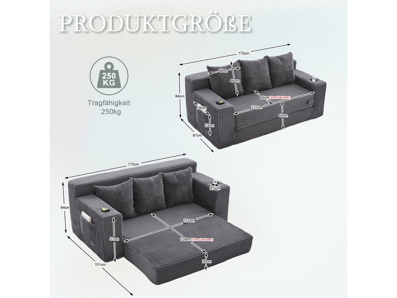  Canapé trois places avec porte-gobelets et poches latérales, design sans cadre, larges assises - gris  - Conforama C