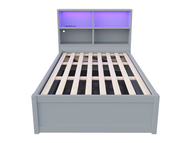  Lit banquette hydraulique avec rangements, bois massif gris, 90x200 cm, led et prise intégrée  - Conforama A