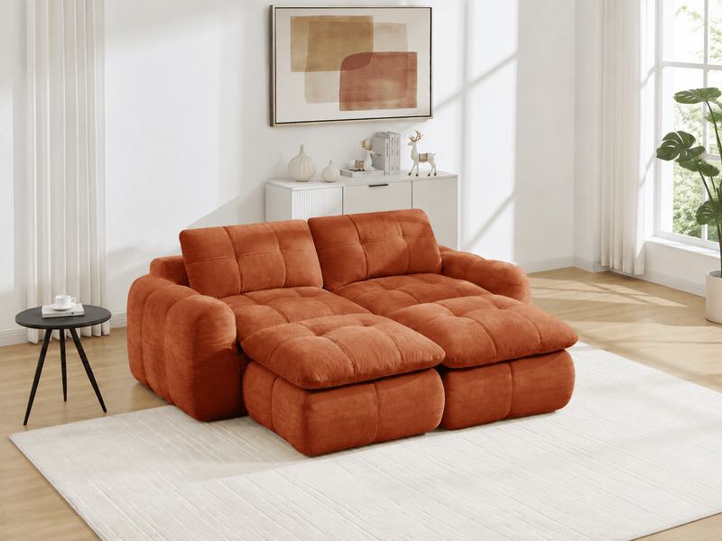Canapé nuage modulable 2 places avec 2 poufs, chenille orange, sans montage - Conforama B