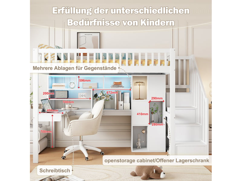  Lit mezzanine 90x200 cm avec bureau, rangements et led blanc  - Conforama E