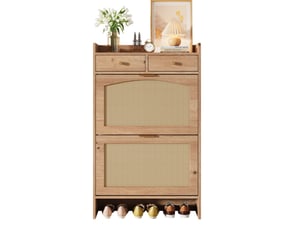 Meuble à chaussures - 65x25x106cm - meuble d'entrée effet rotin avec 2 tiroirs, 2 abattants, niche basse - chêne naturel