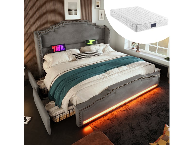  Modenvie lit double avec rangement 140x200 cm - 4 tiroirs, led et ports usb-c, avec matelas - gris  - Conforama B