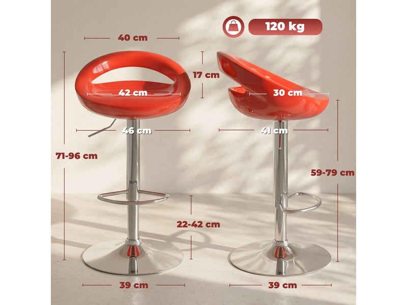  Ensemble de 2 tabourets de bar pivotants avec repose-pieds, hauteur réglable, base en acier, assise en abs, rouge  - Conforama E
