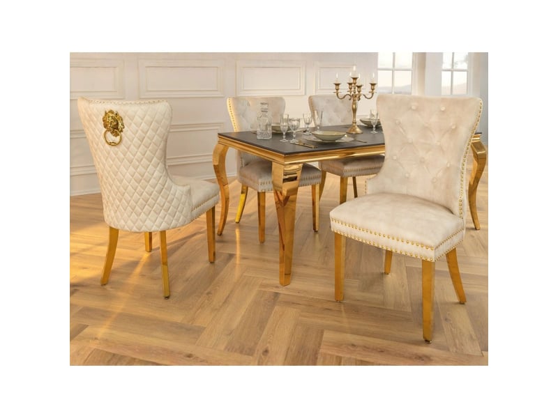  Lot de 2 chaises chesterfield regina beige en velours capitonné – dos matelassé, tête de lion et pieds dorés  - Conforama D