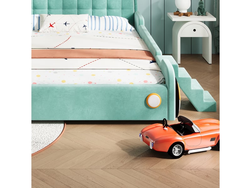  Lit enfant voiture avec toboggan et escalier 140x200 cm bleu vert velours français sommier à lattes Sol Morn - Conforama B
