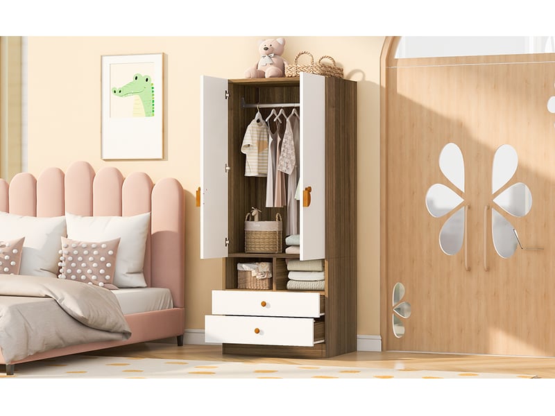 Armoire de rangement avec 2 portes, 2 tiroirs et 2 niches pour chambre, finition bois naturel, 70×50×170 cm - Conforama E