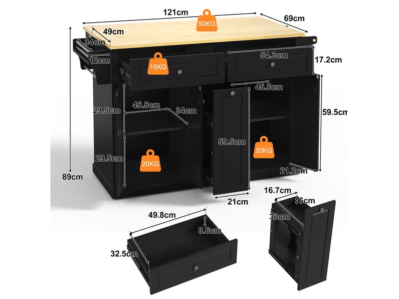 Desserte de cuisine 121 x 69 x 89 cm naturel et noir en mdf, plateau rabattable et roulettes verrouillables - Conforama C