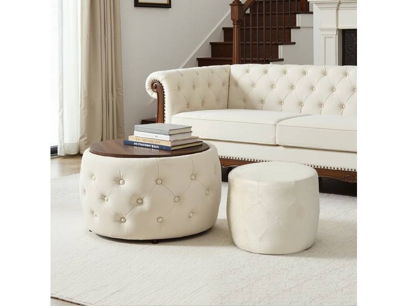  Lot de 2 poufs ronds gigognes 60x38 cm + 37x32 cm, rangement intégré, plateau amovible, sans montage, velours et bois, beige  - Conforama B