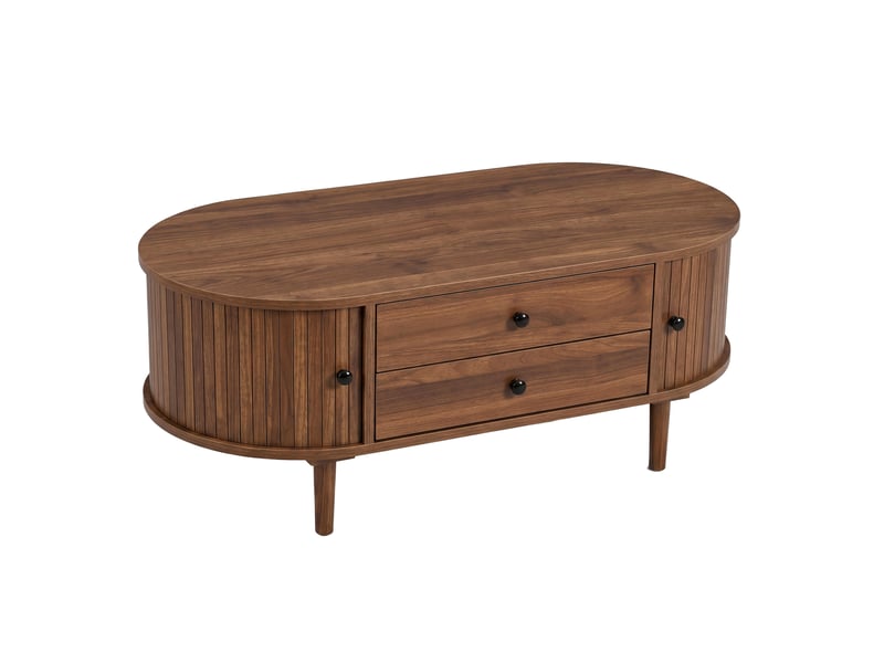  Table basse ovale noyer avec 2 tiroirs et portes coulissantes rainurees, rangement ferme, pieds en bois 100x50x40 cm  - Conforama E