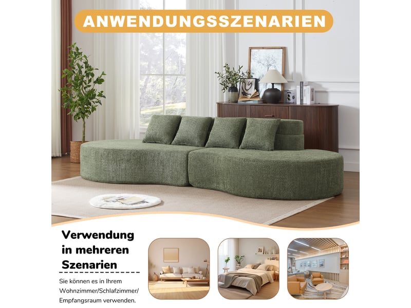 Canapé modulable 310 cm en mousse haute densité, 2 modules sans cadre, housse en chenille amovible et lavable, design minimaliste - vert - Conforama D