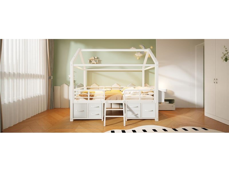  Lit superposé 90x200 cm avec toit et éclairage led blanc métal et mdf avec tiroirs en tissu et rangement Sol Morn - Conforama B