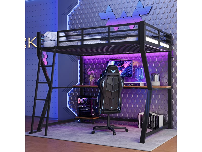  Lit mezzanine métal 90x200 cm avec bureau intégré, étagère informatique, led, prise et port usb, garde-corps, escalier, mdf, noir  - Conforama B